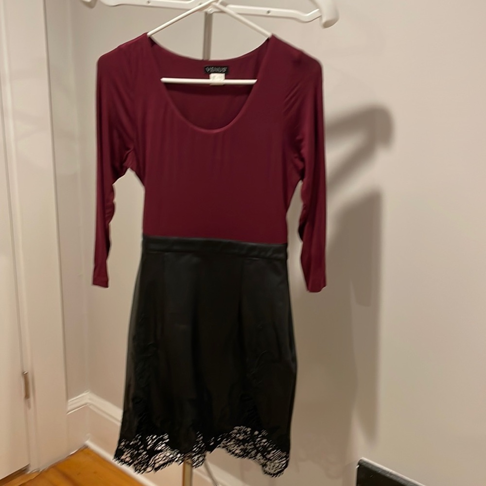 Venus burgundy and black faux leather lace dress